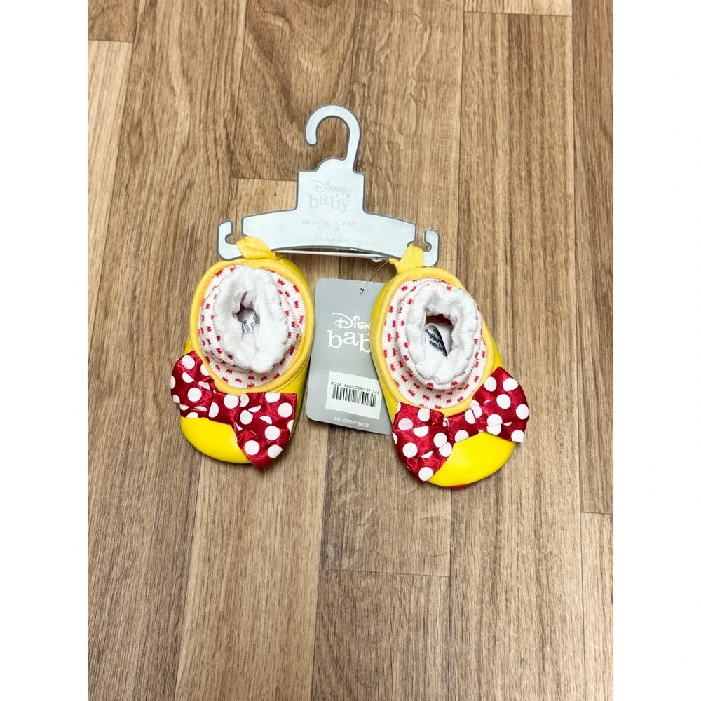 NEW Disney Baby Minnie Mouse Yellow Red Polka Dot Bow Booties Sock Top 6-12M